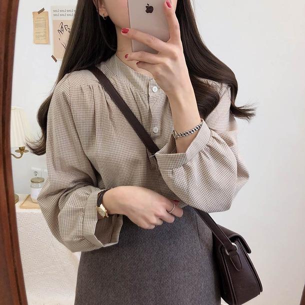 チェック柄ロングスリーブシャツ 4743-S/khaki_お取り寄せ47431-画像1-韓国ファッション通販POPREA［ポップリア］