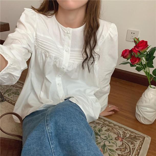 ベーシックピンタックシャツ 4744-white_お取り寄せ47441-画像1-韓国ファッション通販POPREA［ポップリア］