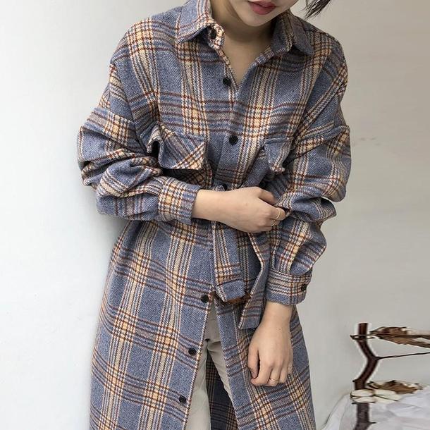 チェック柄ロングシャツ 4746-purple_お取り寄せ47462-画像9-韓国ファッション通販POPREA［ポップリア］