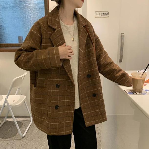 チェック柄キルティングミドルジャケット 4749-brown_お取り寄せ4749-画像2-韓国ファッション通販POPREA［ポップリア］