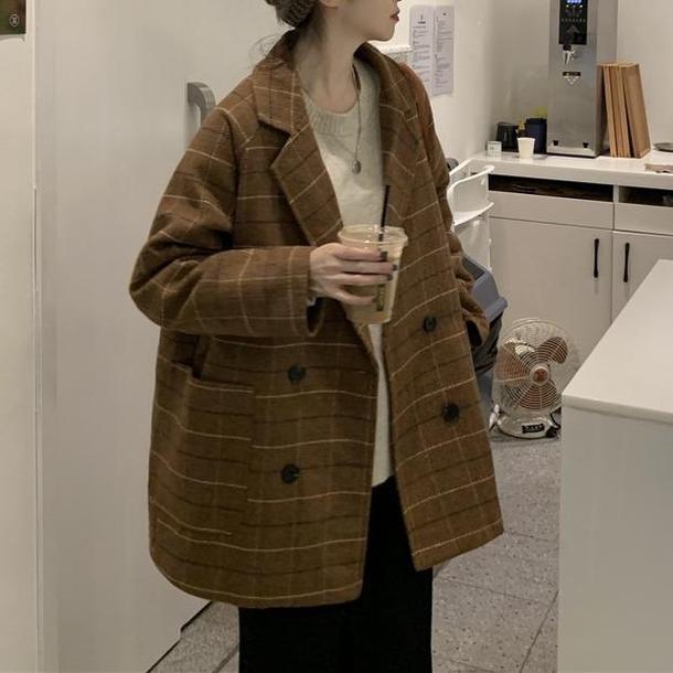 チェック柄キルティングミドルジャケット 4749-brown_お取り寄せ4749-画像3-韓国ファッション通販POPREA［ポップリア］