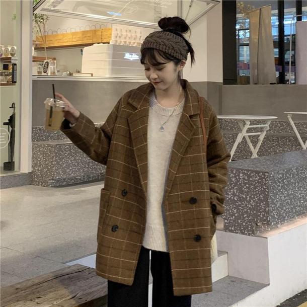 チェック柄キルティングミドルジャケット 4749-brown_お取り寄せ4749-画像4-韓国ファッション通販POPREA［ポップリア］