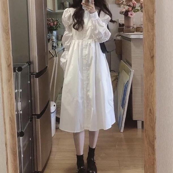 バブルスリーブシャツワンピース 4753-white_お取り寄せ4753-画像2-韓国ファッション通販POPREA［ポップリア］