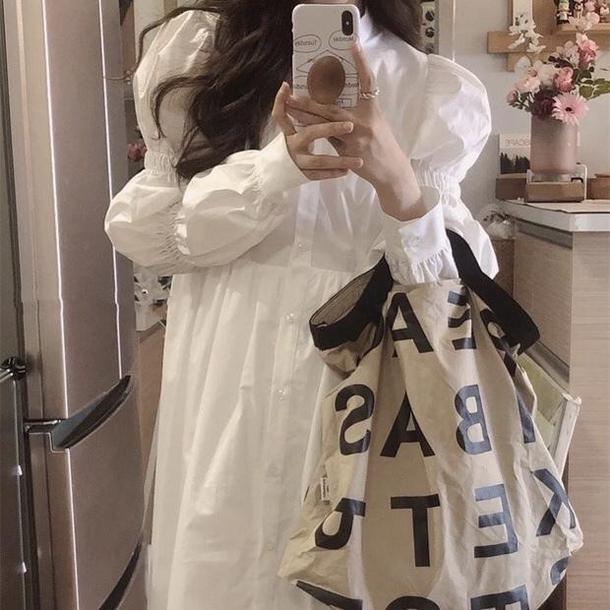 バブルスリーブシャツワンピース 4753-white_お取り寄せ4753-画像4-韓国ファッション通販POPREA［ポップリア］