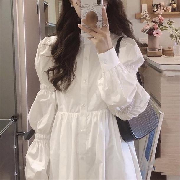 バブルスリーブシャツワンピース 4753-white_お取り寄せ4753-画像1-韓国ファッション通販POPREA［ポップリア］