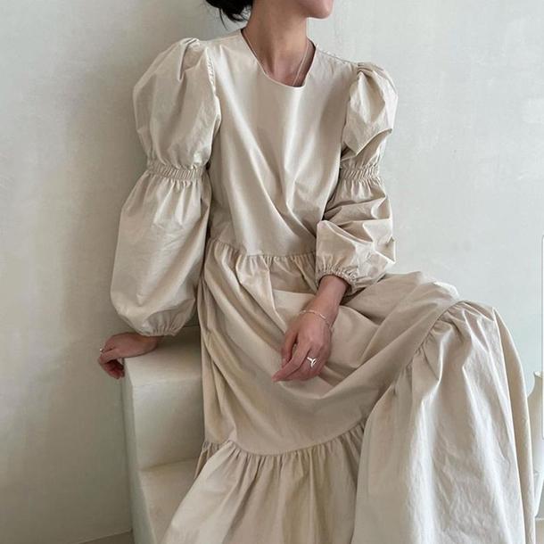 バブルスリーブティアードワンピース 4756-ivory_お取り寄せ47561-画像1-韓国ファッション通販POPREA［ポップリア］