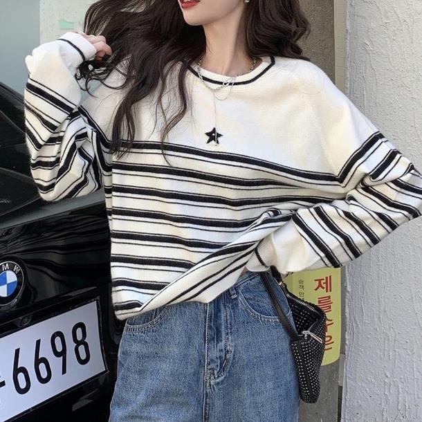 ワンポイントスターボーダートップス 4757-white_お取り寄せ4757-画像2-韓国ファッション通販POPREA［ポップリア］