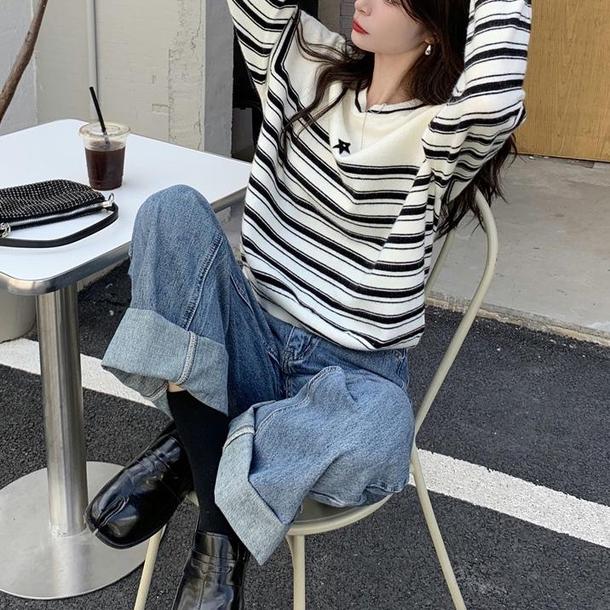 ワンポイントスターボーダートップス 4757-white_お取り寄せ4757-画像4-韓国ファッション通販POPREA［ポップリア］