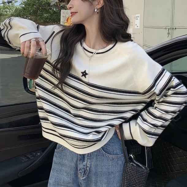 ワンポイントスターボーダートップス 4757-white_お取り寄せ4757-画像1-韓国ファッション通販POPREA［ポップリア］