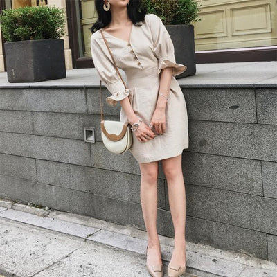 Vネックチューリップワンピース 4764-XS/beige_お取り寄せ47641-画像1-韓国ファッション通販POPREA［ポップリア］