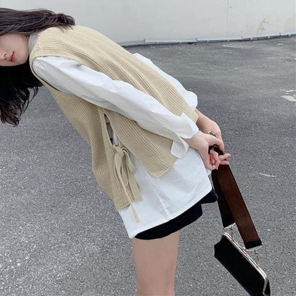 サイドリボンニットベスト 4772-S/beige_お取り寄せ47721-画像1-韓国ファッション通販POPREA［ポップリア］