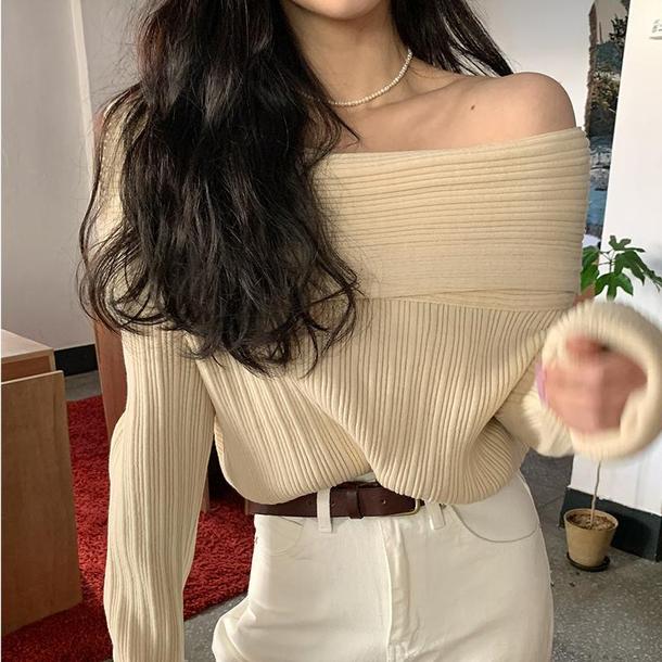 ベーシックオフショルダーリブニット 4788-beige_お取り寄せ47881-画像1-韓国ファッション通販POPREA［ポップリア］
