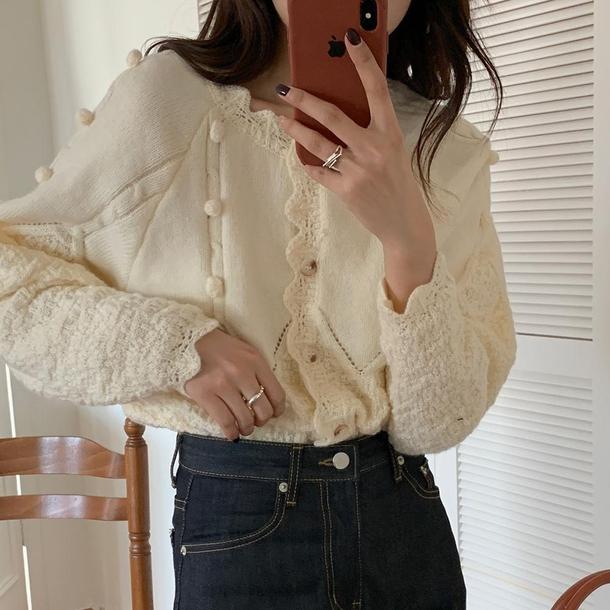 かぎ編み切り替えポンポンニット 4791-ivory_お取り寄せ47911-画像1-韓国ファッション通販POPREA［ポップリア］