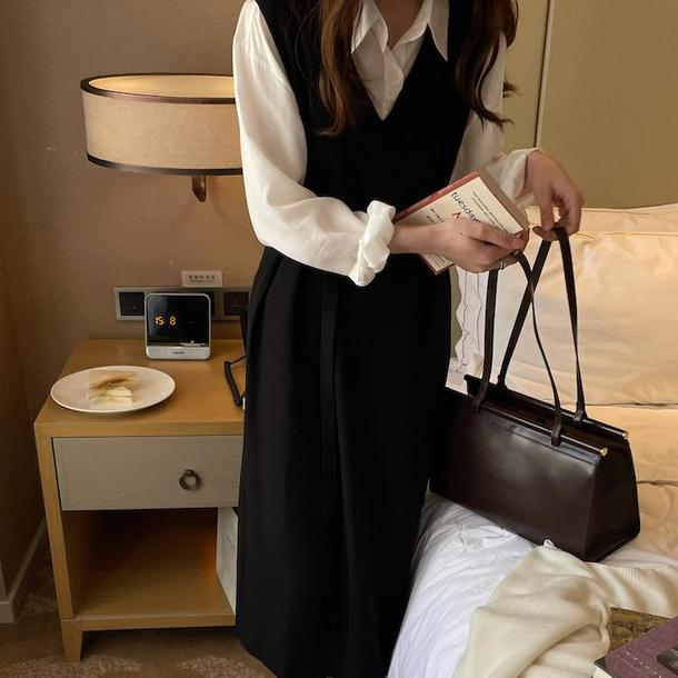 Vネックベストブラックワンピース 4803-black_お取り寄せ4803-画像10-韓国ファッション通販POPREA［ポップリア］