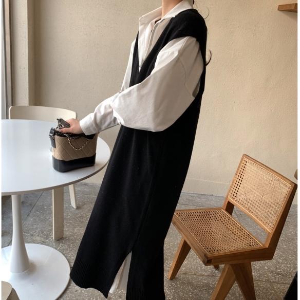 Vネックベストブラックワンピース 4803-black_お取り寄せ4803-画像2-韓国ファッション通販POPREA［ポップリア］