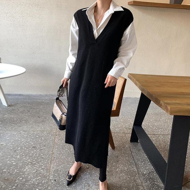 Vネックベストブラックワンピース 4803-black_お取り寄せ4803-画像3-韓国ファッション通販POPREA［ポップリア］