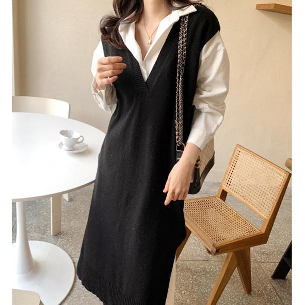 Vネックベストブラックワンピース 4803-black_お取り寄せ4803-画像4-韓国ファッション通販POPREA［ポップリア］