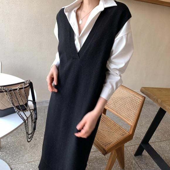 Vネックベストブラックワンピース 4803-black_お取り寄せ4803-画像5-韓国ファッション通販POPREA［ポップリア］