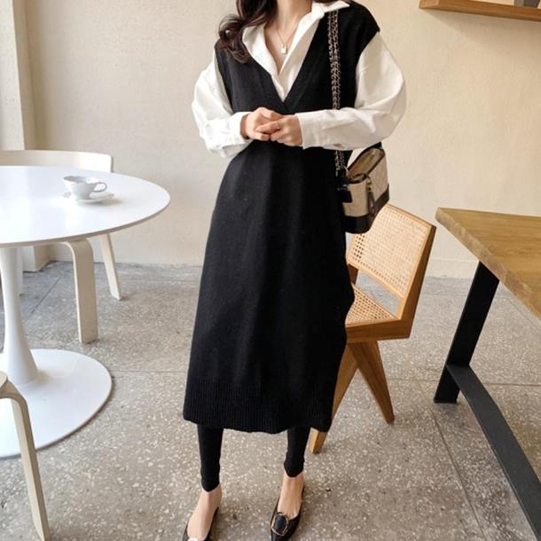 Vネックベストブラックワンピース 4803-black_お取り寄せ4803-画像6-韓国ファッション通販POPREA［ポップリア］