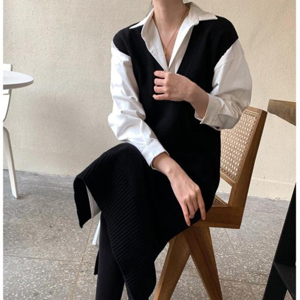 Vネックベストブラックワンピース 4803-black_お取り寄せ4803-画像7-韓国ファッション通販POPREA［ポップリア］