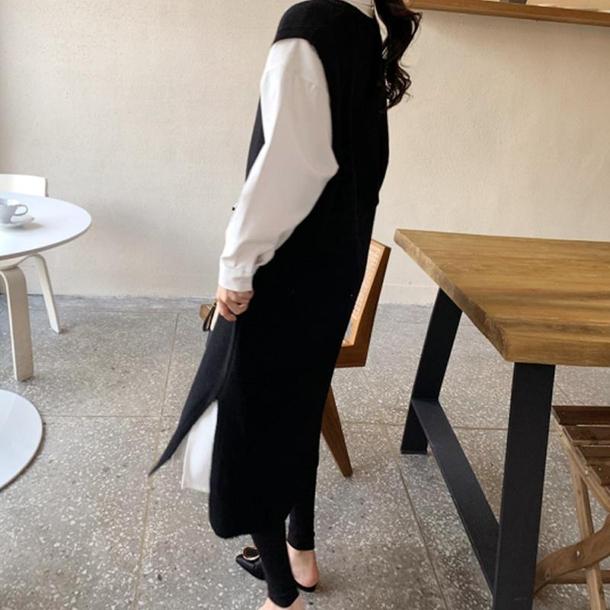 Vネックベストブラックワンピース 4803-black_お取り寄せ4803-画像8-韓国ファッション通販POPREA［ポップリア］