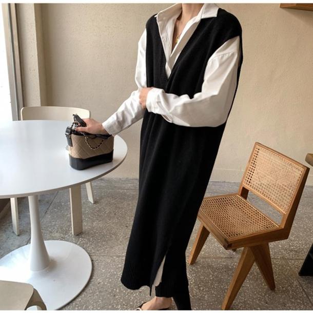 Vネックベストブラックワンピース 4803-black_お取り寄せ4803-画像9-韓国ファッション通販POPREA［ポップリア］