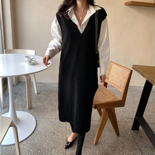 Vネックベストブラックワンピース 4803-black_お取り寄せ4803-画像1-韓国ファッション通販POPREA［ポップリア］