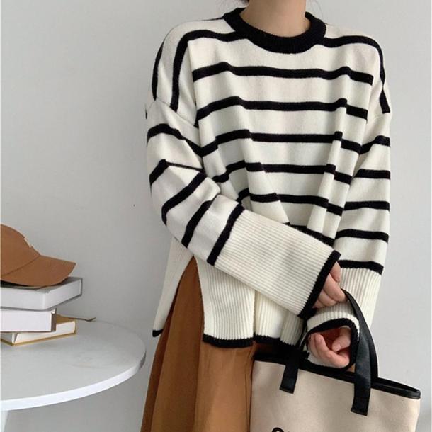 ベルスリーブボーダーニット 4804-ivory_お取り寄せ48041-画像1-韓国ファッション通販POPREA［ポップリア］