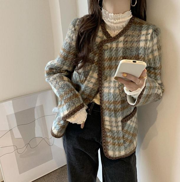 チェック柄ウールショートジャケット 4806-blue_お取り寄せ48061-画像1-韓国ファッション通販POPREA［ポップリア］