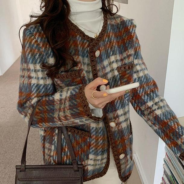 チェック柄ウールショートジャケット 4806-red_お取り寄せ48062-画像18-韓国ファッション通販POPREA［ポップリア］