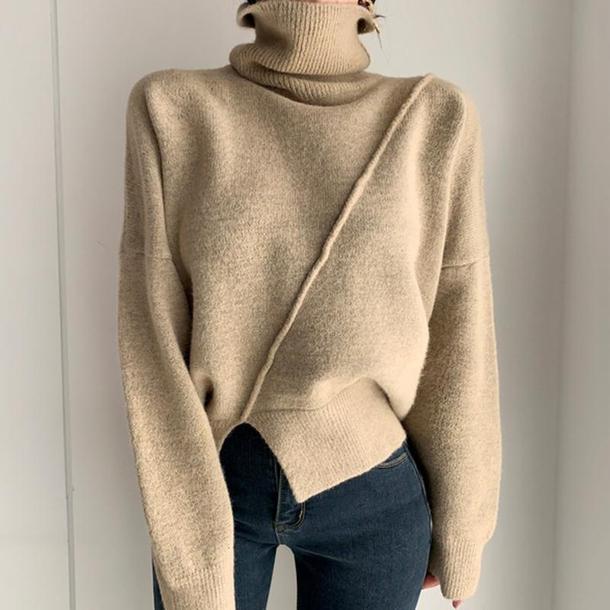 スリットハイネックニットトップス 4808-camel_お取り寄せ4808-画像2-韓国ファッション通販POPREA［ポップリア］