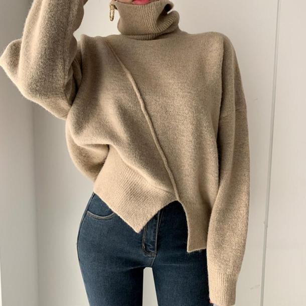 スリットハイネックニットトップス 4808-camel_お取り寄せ4808-画像3-韓国ファッション通販POPREA［ポップリア］