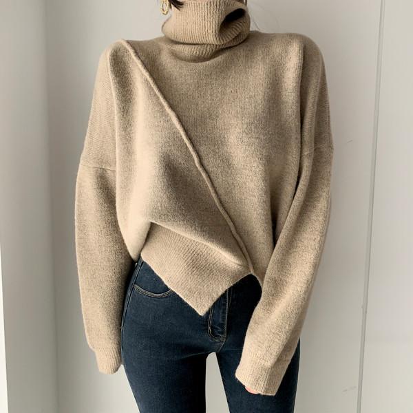 スリットハイネックニットトップス 4808-camel_お取り寄せ4808-画像4-韓国ファッション通販POPREA［ポップリア］