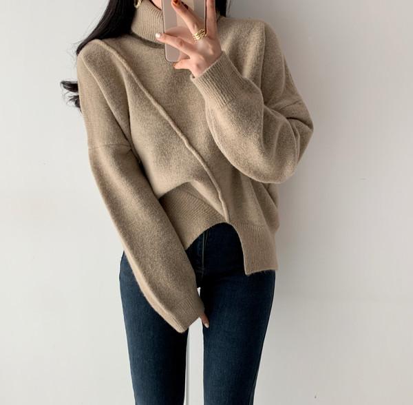 スリットハイネックニットトップス 4808-camel_お取り寄せ4808-画像5-韓国ファッション通販POPREA［ポップリア］