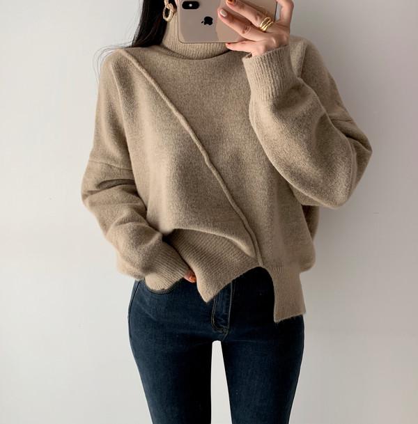 スリットハイネックニットトップス 4808-camel_お取り寄せ4808-画像6-韓国ファッション通販POPREA［ポップリア］