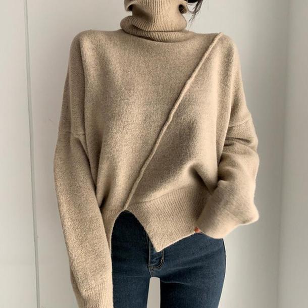 スリットハイネックニットトップス 4808-camel_お取り寄せ4808-画像1-韓国ファッション通販POPREA［ポップリア］