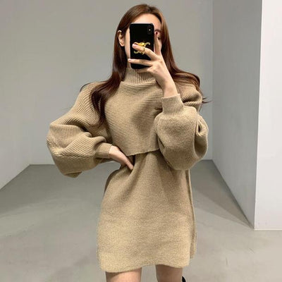 ハイネックニットトップス＆ミニワンピース 4815-beige_お取り寄せ48151-画像1-韓国ファッション通販POPREA［ポップリア］