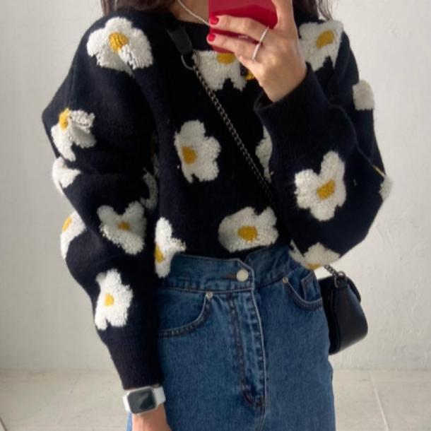 スイートフラワーボアプルオーバー 4837-black_お取り寄せ4837-画像1-韓国ファッション通販POPREA［ポップリア］