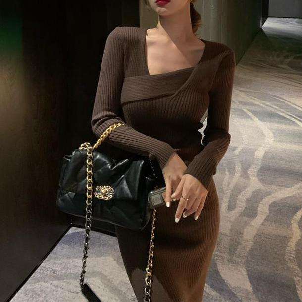 レイヤードネックリブニットワンピース 4847-S/brown_お取り寄せ48474-画像11-韓国ファッション通販POPREA［ポップリア］