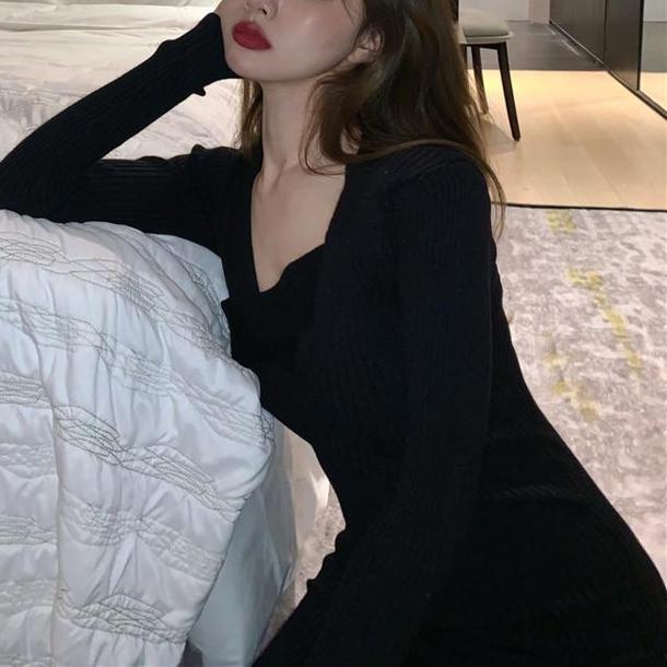 レイヤードネックリブニットワンピース 4847-S/black_お取り寄せ48477-画像19-韓国ファッション通販POPREA［ポップリア］