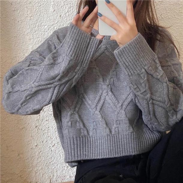 ラウンドネックダイヤ柄ショートニット 4849-gray_お取り寄せ48491-画像1-韓国ファッション通販POPREA［ポップリア］