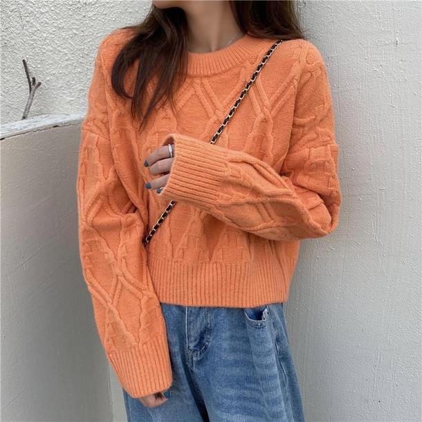 ラウンドネックダイヤ柄ショートニット 4849-orange_お取り寄せ48492-画像4-韓国ファッション通販POPREA［ポップリア］