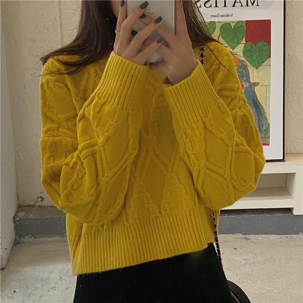 ラウンドネックダイヤ柄ショートニット 4849-yellow_お取り寄せ48493-画像6-韓国ファッション通販POPREA［ポップリア］