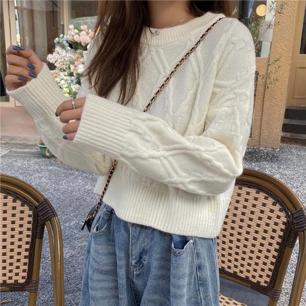 ラウンドネックダイヤ柄ショートニット 4849-white_お取り寄せ48494-画像9-韓国ファッション通販POPREA［ポップリア］