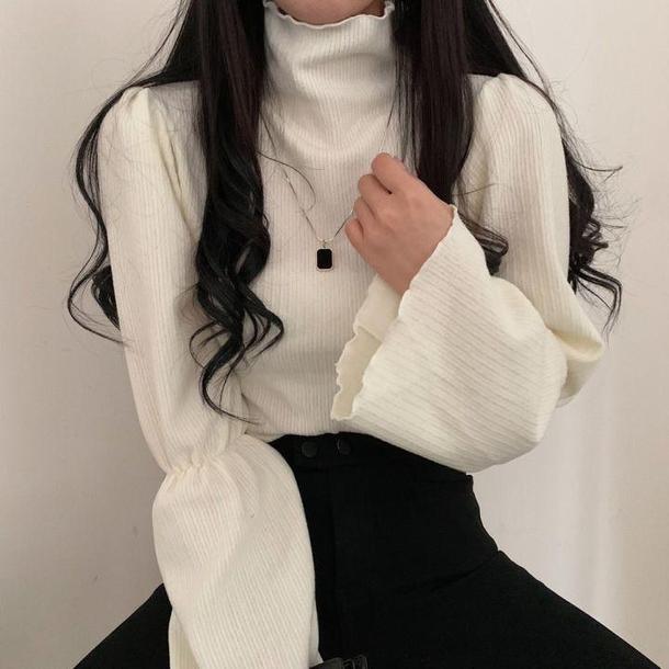 トランペットスリーブハイネックリブニット 4852-white_お取り寄せ48521-画像1-韓国ファッション通販POPREA［ポップリア］