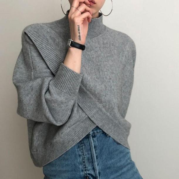 ハイネックフロントクロスニット 4856-gray_お取り寄せ48561-画像1-韓国ファッション通販POPREA［ポップリア］