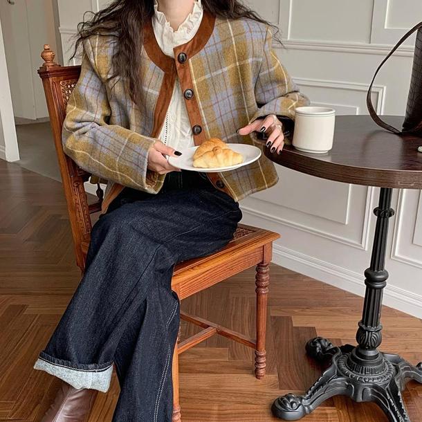 レトロチェック柄ショートジャケット 4857-お取り寄せ4857-画像10-韓国ファッション通販POPREA［ポップリア］