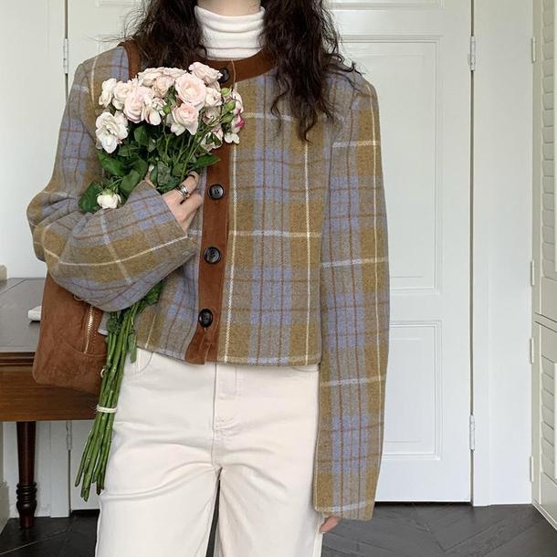 レトロチェック柄ショートジャケット 4857-お取り寄せ4857-画像11-韓国ファッション通販POPREA［ポップリア］