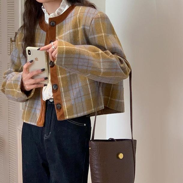 レトロチェック柄ショートジャケット 4857-お取り寄せ4857-画像2-韓国ファッション通販POPREA［ポップリア］