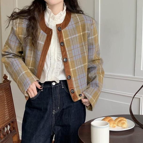 レトロチェック柄ショートジャケット 4857-お取り寄せ4857-画像5-韓国ファッション通販POPREA［ポップリア］